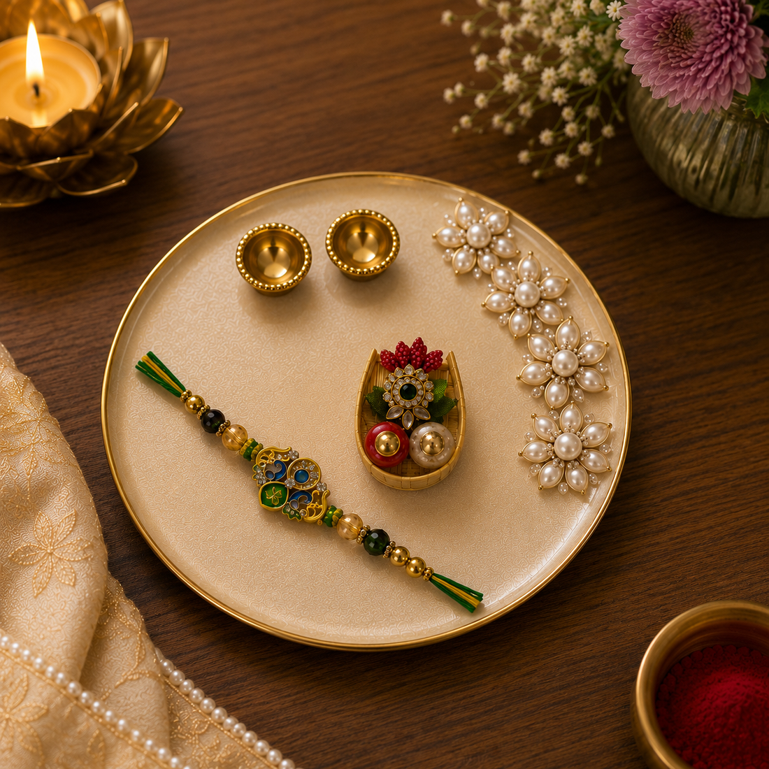 Champagne Pearl Bloom Rakhi Combo by Suryatra