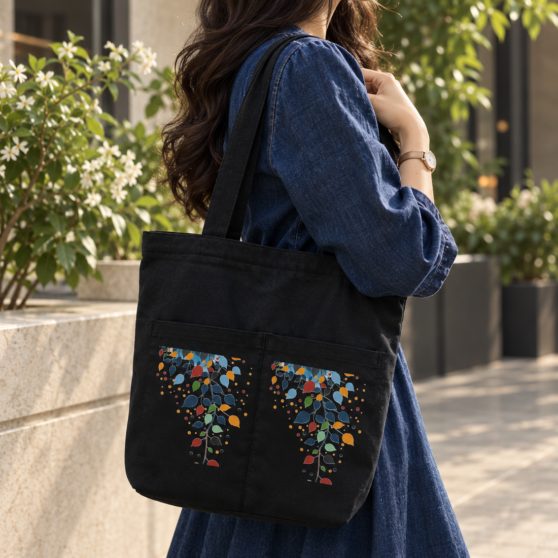 Mosaic Vine Noir Canvas Tote Bag by Suryatra