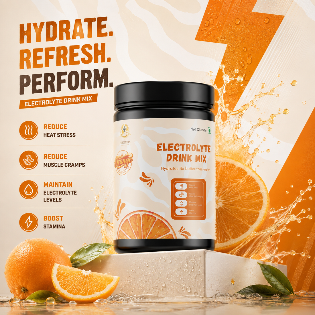 Suryatra Electrolyte Drink Mix – Orange(250g) | Sodium + Vitamin C, B5, B6 & B12