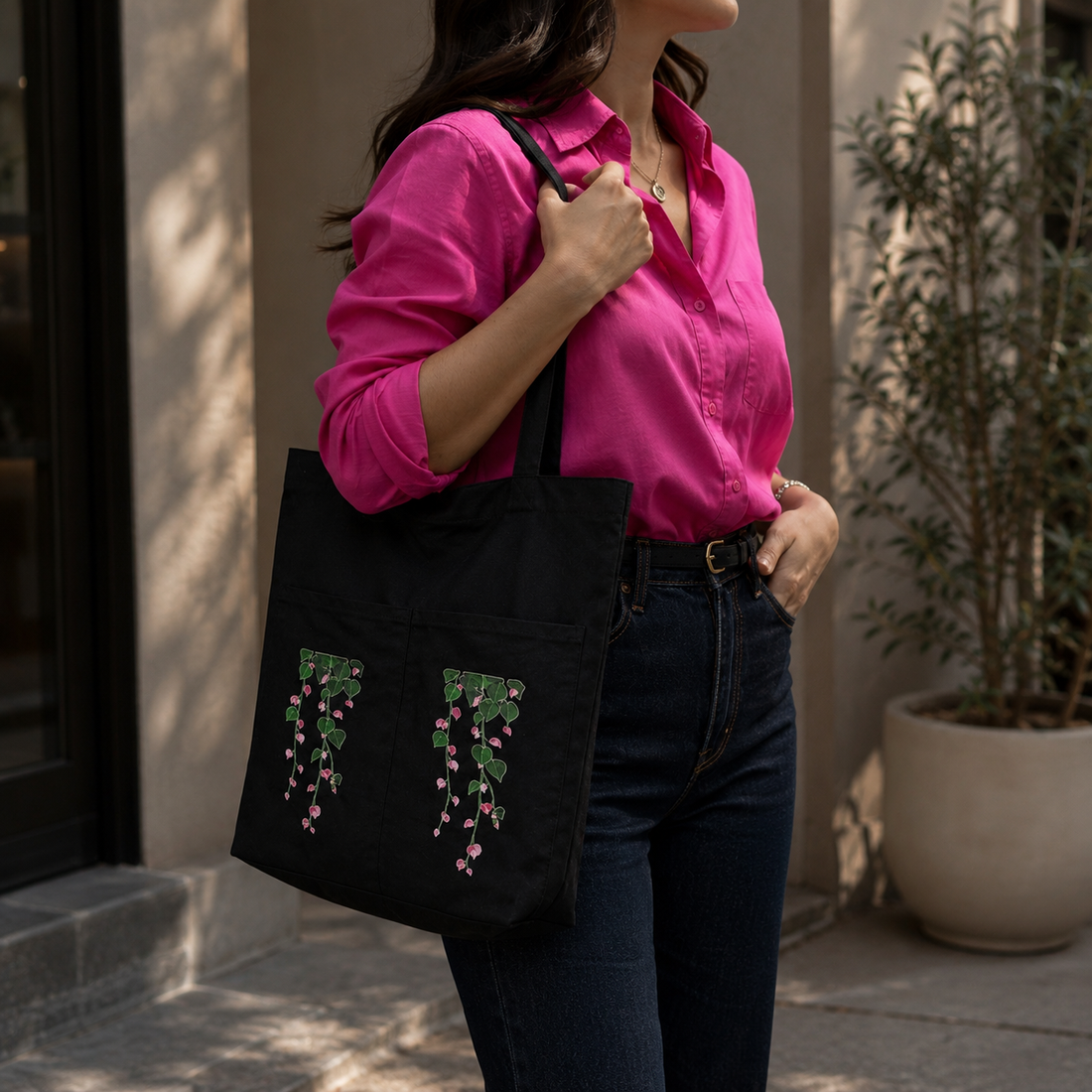 Trailing Vine Noir Canvas Tote Bag by Suryatra