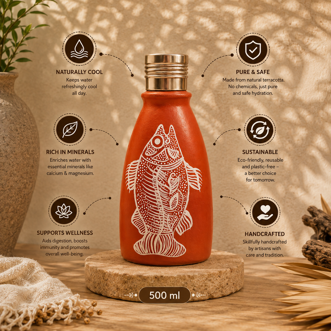 Folk Fish Terracotta Bottle by Suryatra