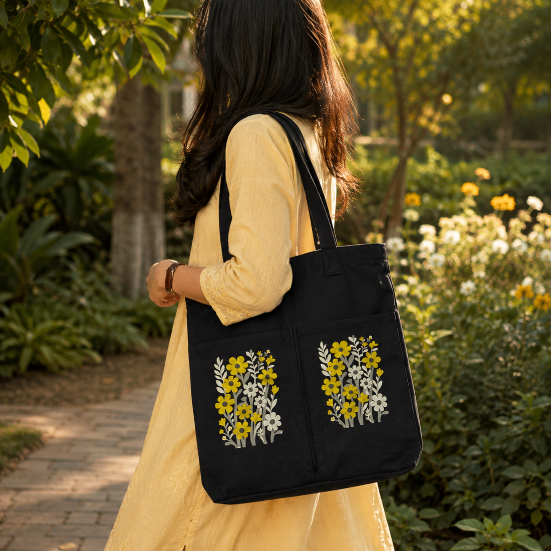Golden Daisy Noir Canvas Tote Bag by Suryatra