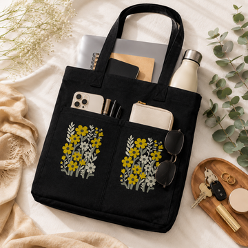 Golden Daisy Noir Canvas Tote Bag by Suryatra