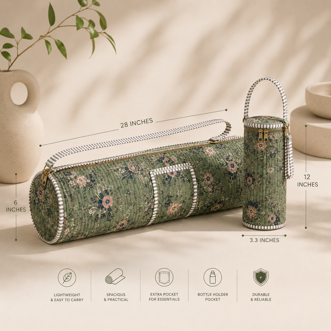 Green Floral Quilted Yoga Mat and Bottle Bag Combo by Suryatra