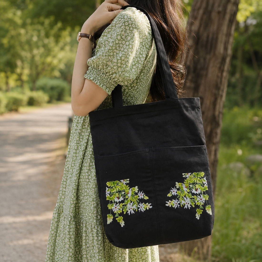 Noir Hydrangea Canvas Tote Bag by Suryatra