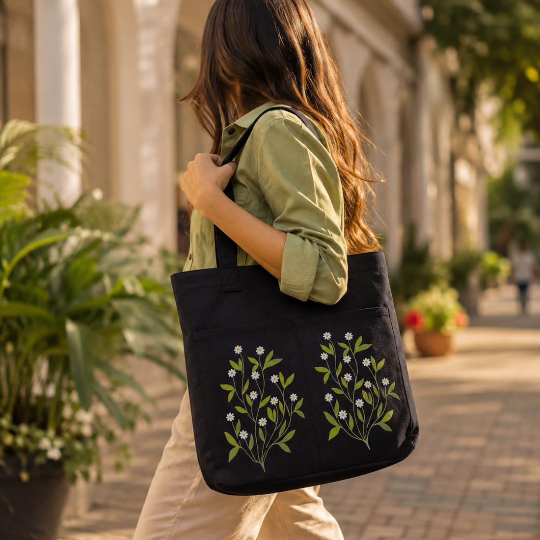 Jasmine Leaf Noir Canvas Tote Bag by Suryatra