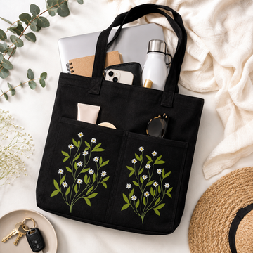 Jasmine Leaf Noir Canvas Tote Bag by Suryatra