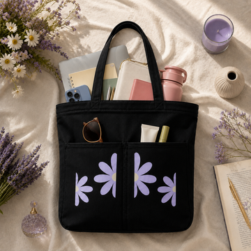 Lavender Daisy Noir Canvas Tote Bag by Suryatra