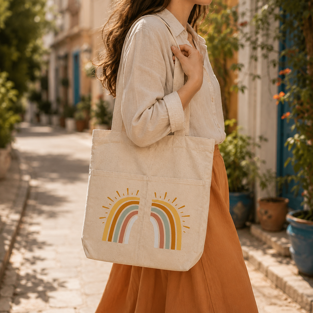 Pastel Rainbow Natural Canvas Tote Bag by Suryatra