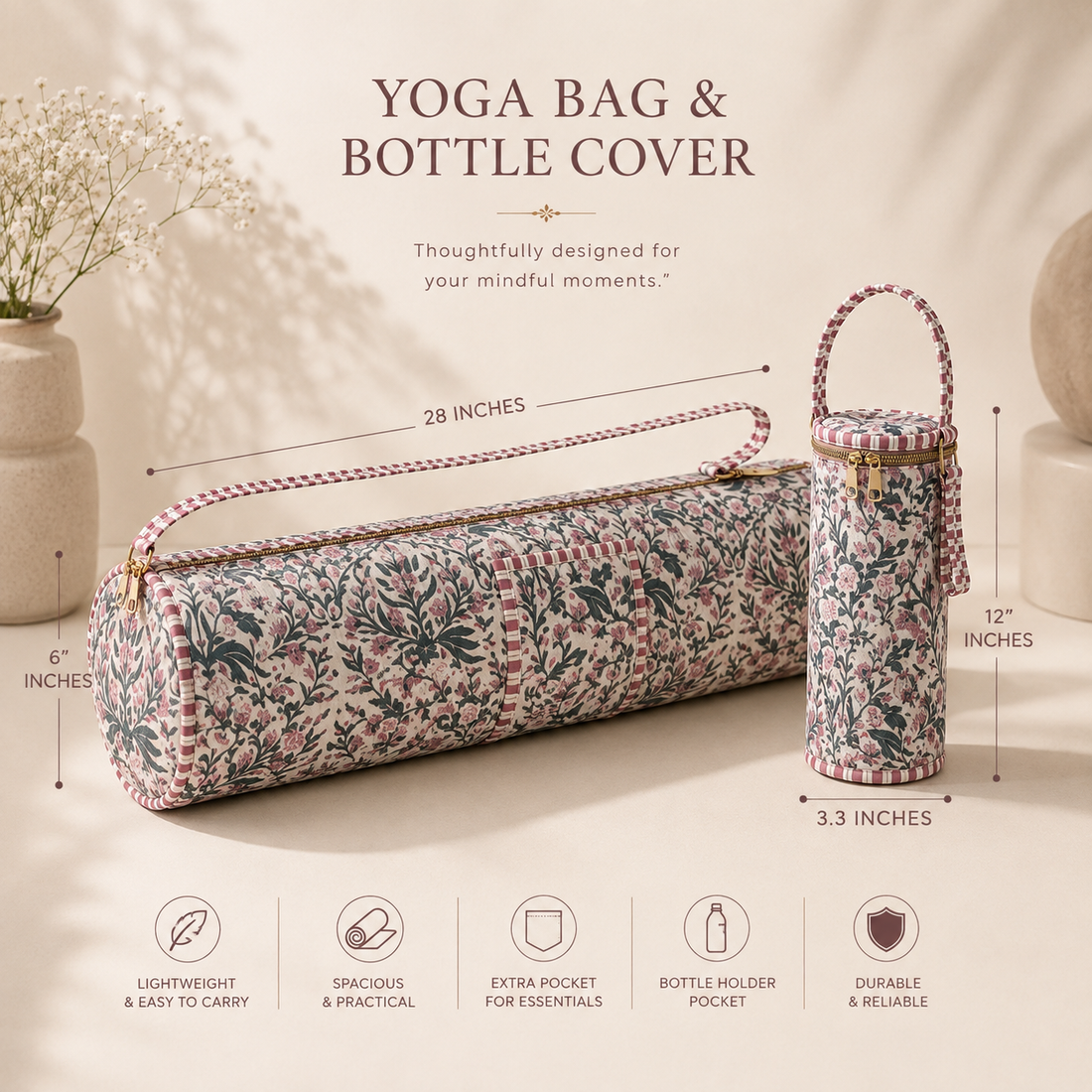 Blue & Pink Botanical Quilted Yoga Mat and Bottle Bag Combo by Suryatra