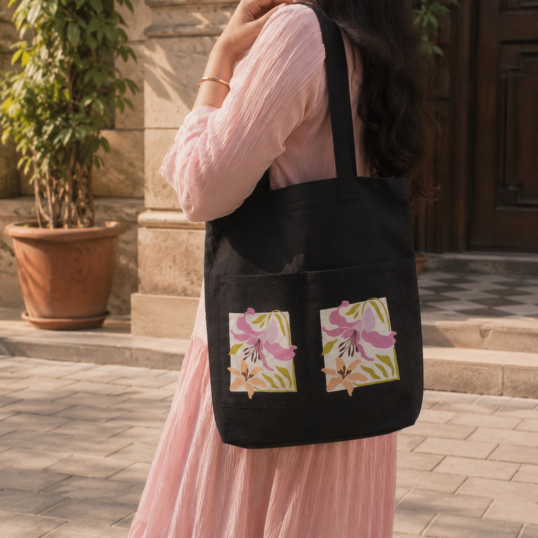 Vintage Lily Noir Canvas Tote Bag by Suryatra