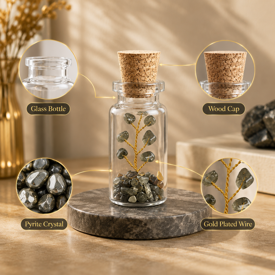 Suryatra Pyrite Crystal Healing Tree in Glass Bottle
