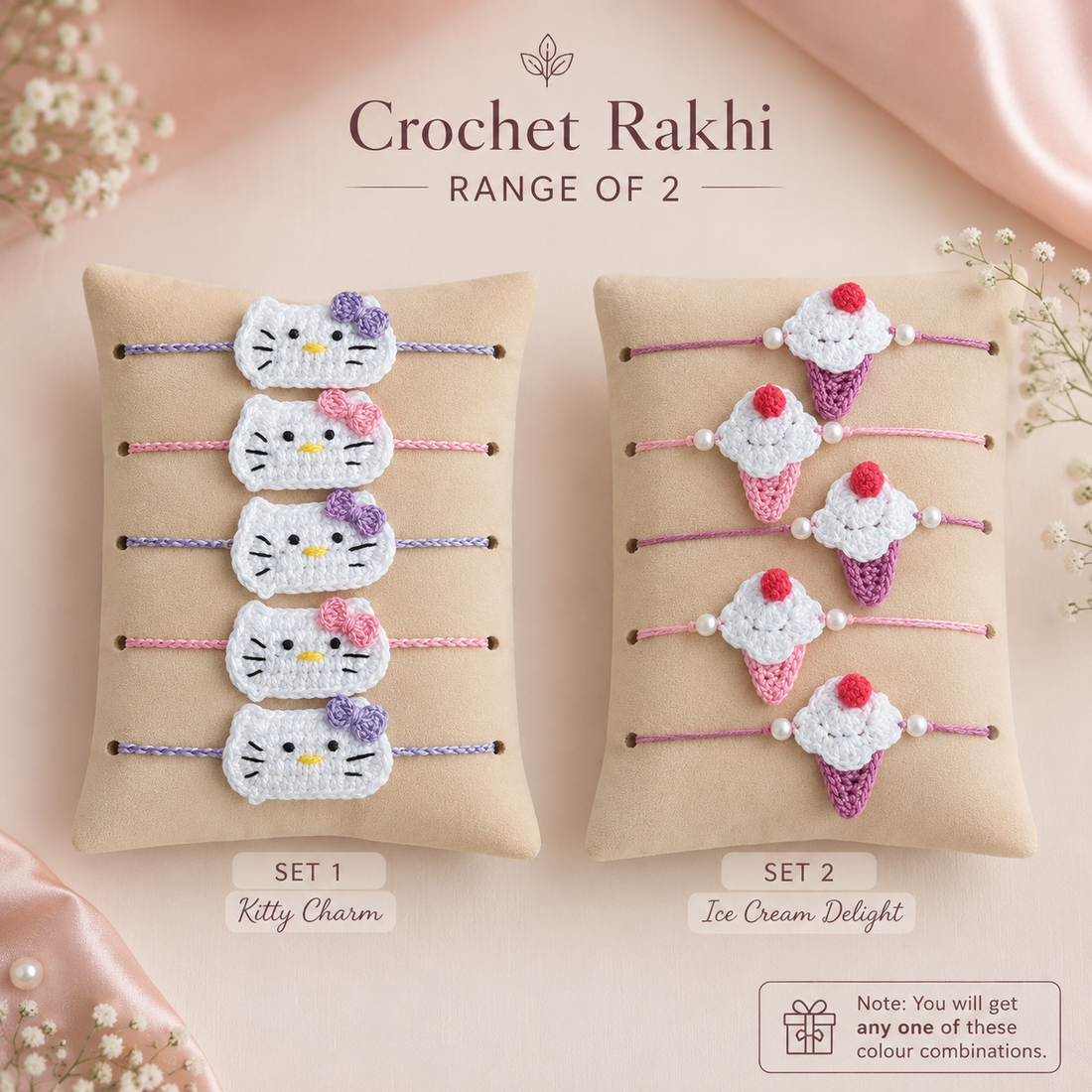 Kitty Charm & Ice Cream Delight Rakhi Set of 2 by Suryatra