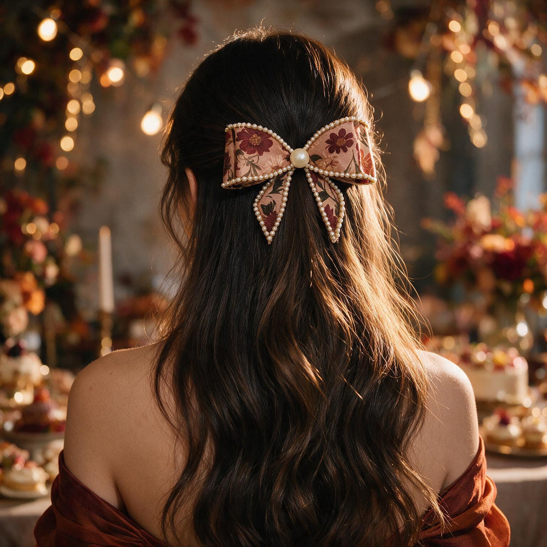 Warm Floral & Ivory Pearl Hair Bows by Suryatra