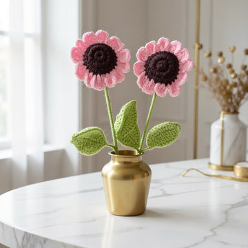 Cotton Candy Crochet Pink Sunflowers or Blossom Pink Knit Daisies in Brass ( set of 2)