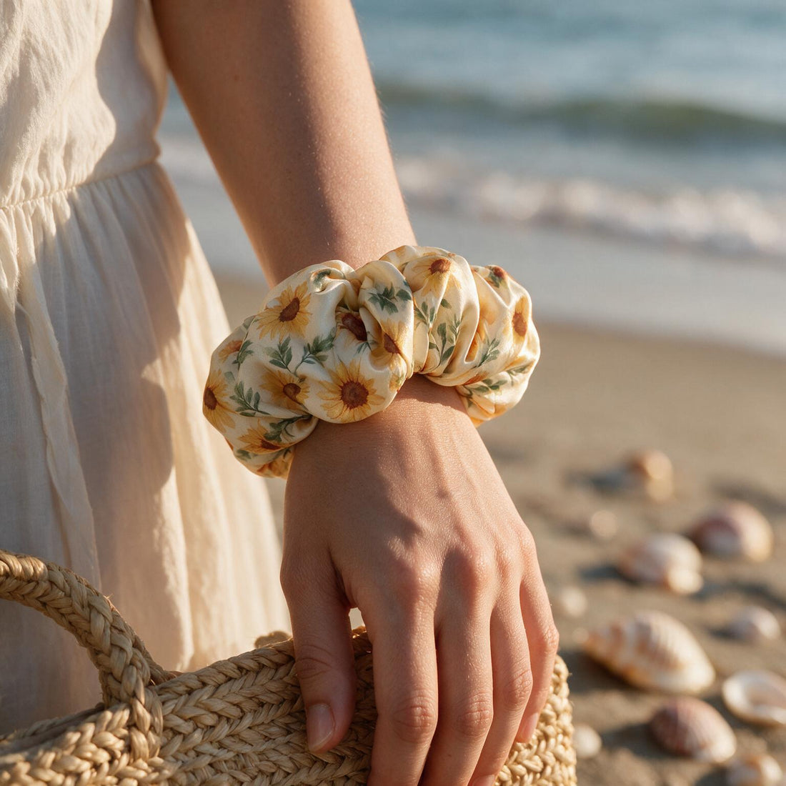 Golden Sunflower & Iridescent Marble Hair Scrunchies Combo by Suryatra