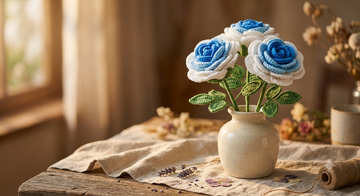 Ocean Breeze Blue Crochet Roses or Hand-Held Sapphire Rose Trio ( set of 3)