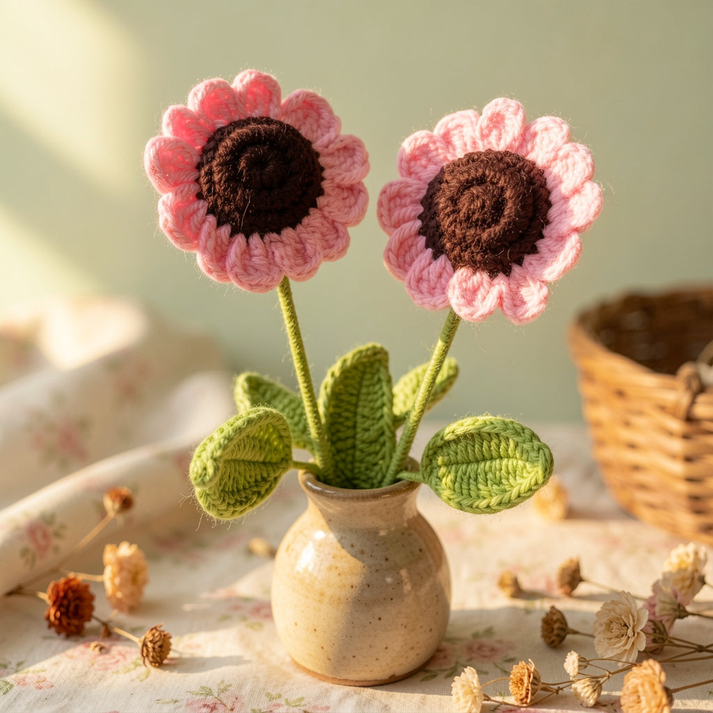 Cotton Candy Crochet Pink Sunflowers or Blossom Pink Knit Daisies in Brass ( set of 2)
