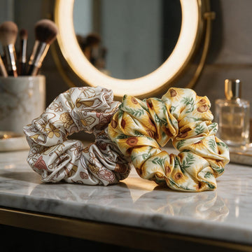 Golden Sunflower & Vintage Line Art Hair Scrunchies Combo by Suryatra