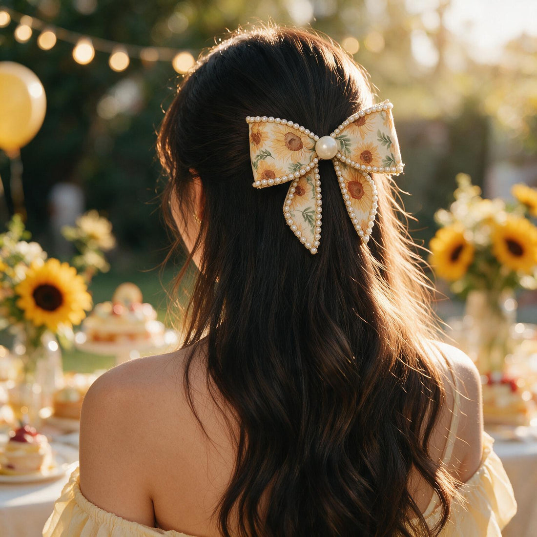 Sunflower & Butterfly Cream Hair Bows by Suryatra