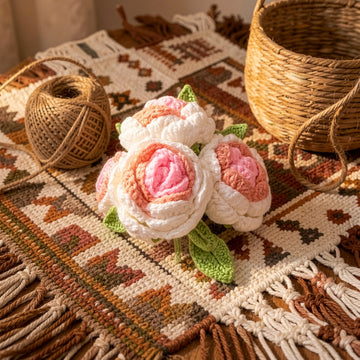 Peaches & Cream Crochet Rose Centerpiece or Blossoming Pink Pom-Pom Bouquet ( set of 3)