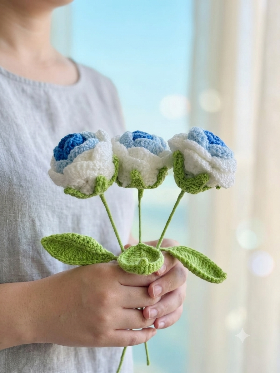 Ocean Breeze Blue Crochet Roses or Hand-Held Sapphire Rose Trio ( set of 3)