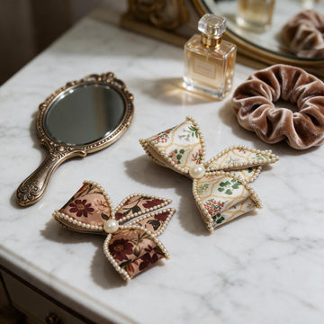 Warm Floral & Ivory Pearl Hair Bows by Suryatra