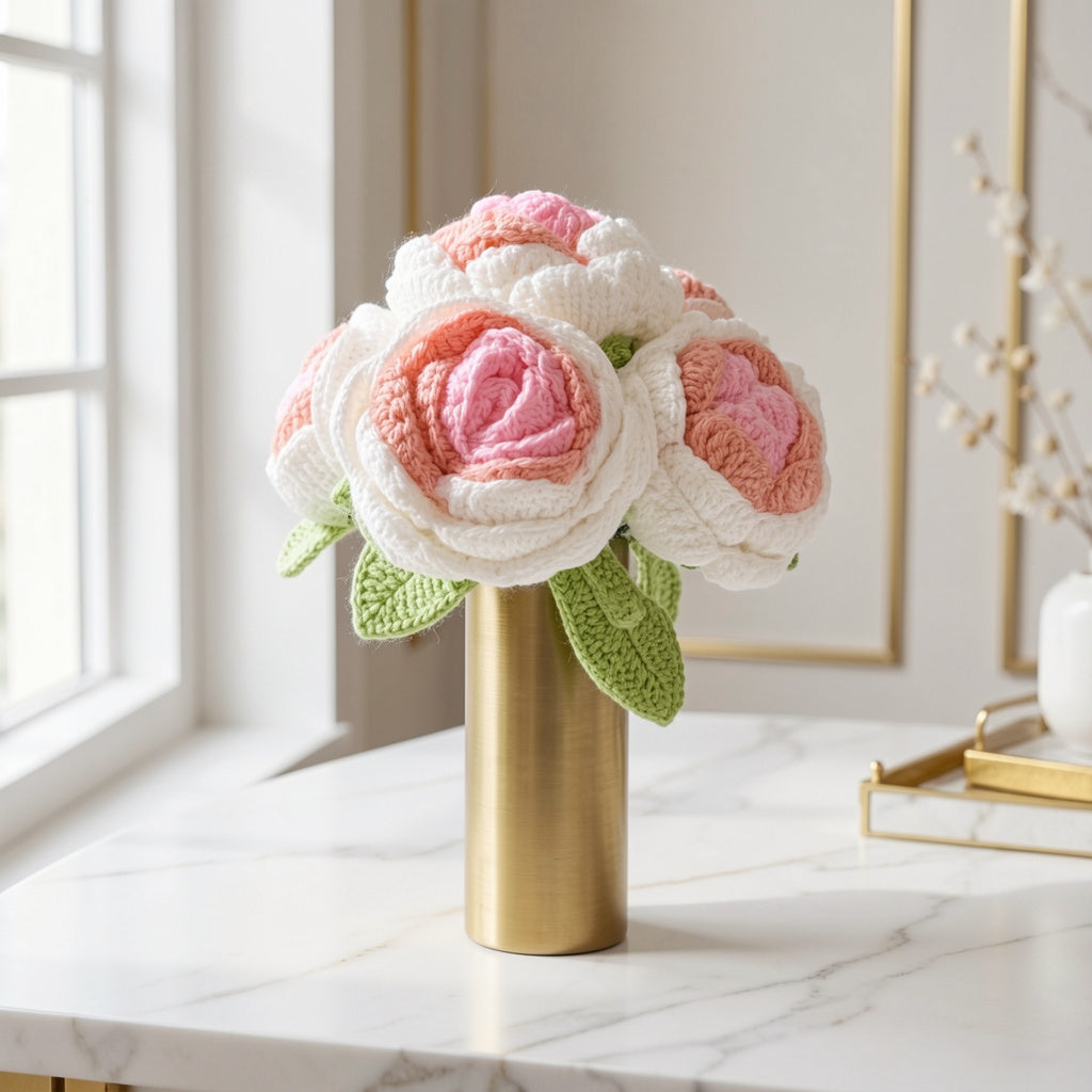 Peaches & Cream Crochet Rose Centerpiece or Blossoming Pink Pom-Pom Bouquet ( set of 3)
