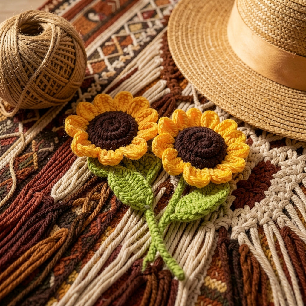 Golden Hour Crochet Sunflowers or Sunny Day Hand-Knit Dual Blooms ( set of 2)