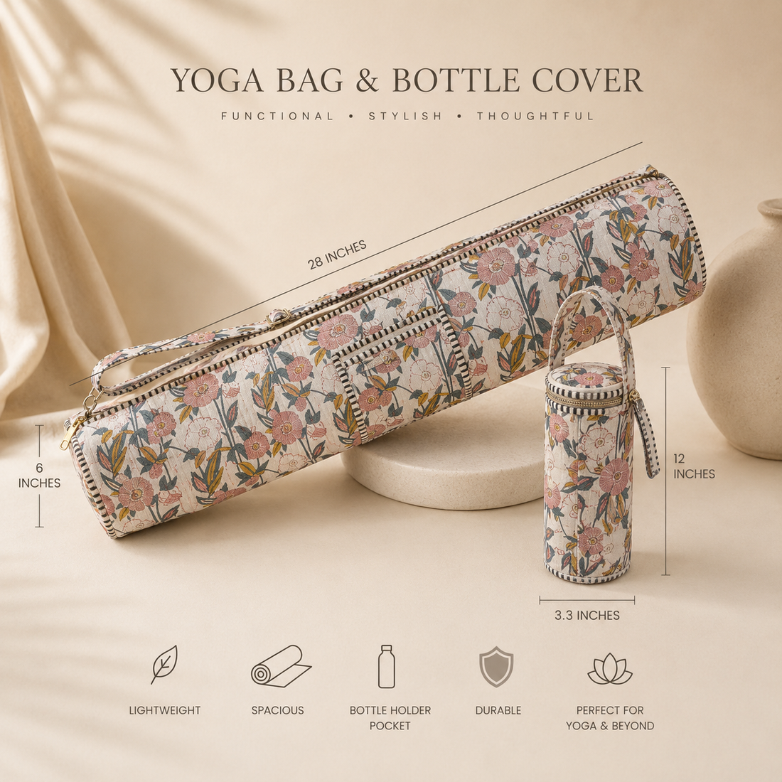 Rose Blossom Yoga Mat and Bottle Bag Combo by Suryatra