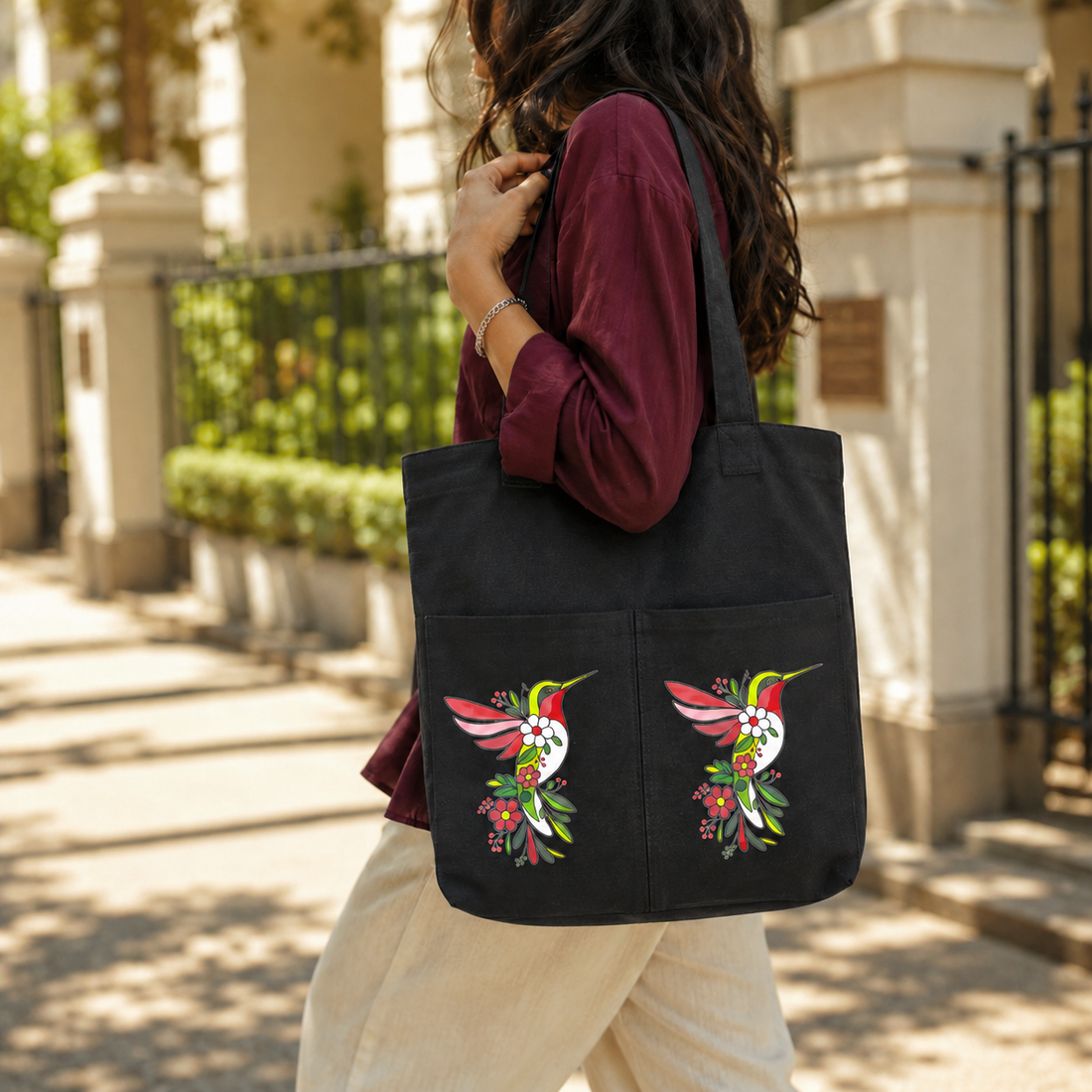 Scarlet Hummingbird Noir Canvas Tote Bag by Suryatra