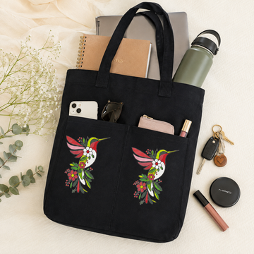 Scarlet Hummingbird Noir Canvas Tote Bag by Suryatra