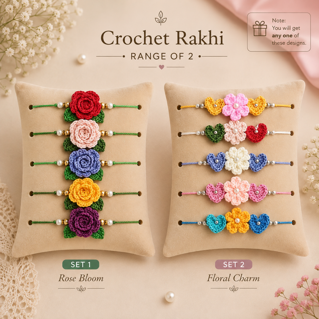 Rose Bloom & Floral Charm Rakhi Set of 2 by Suryatra