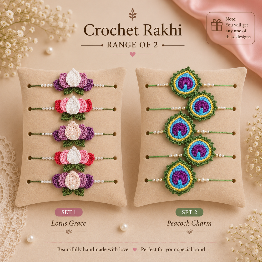 Lotus Grace & Peacock Charm Rakhi Set of 2 by Suryatra