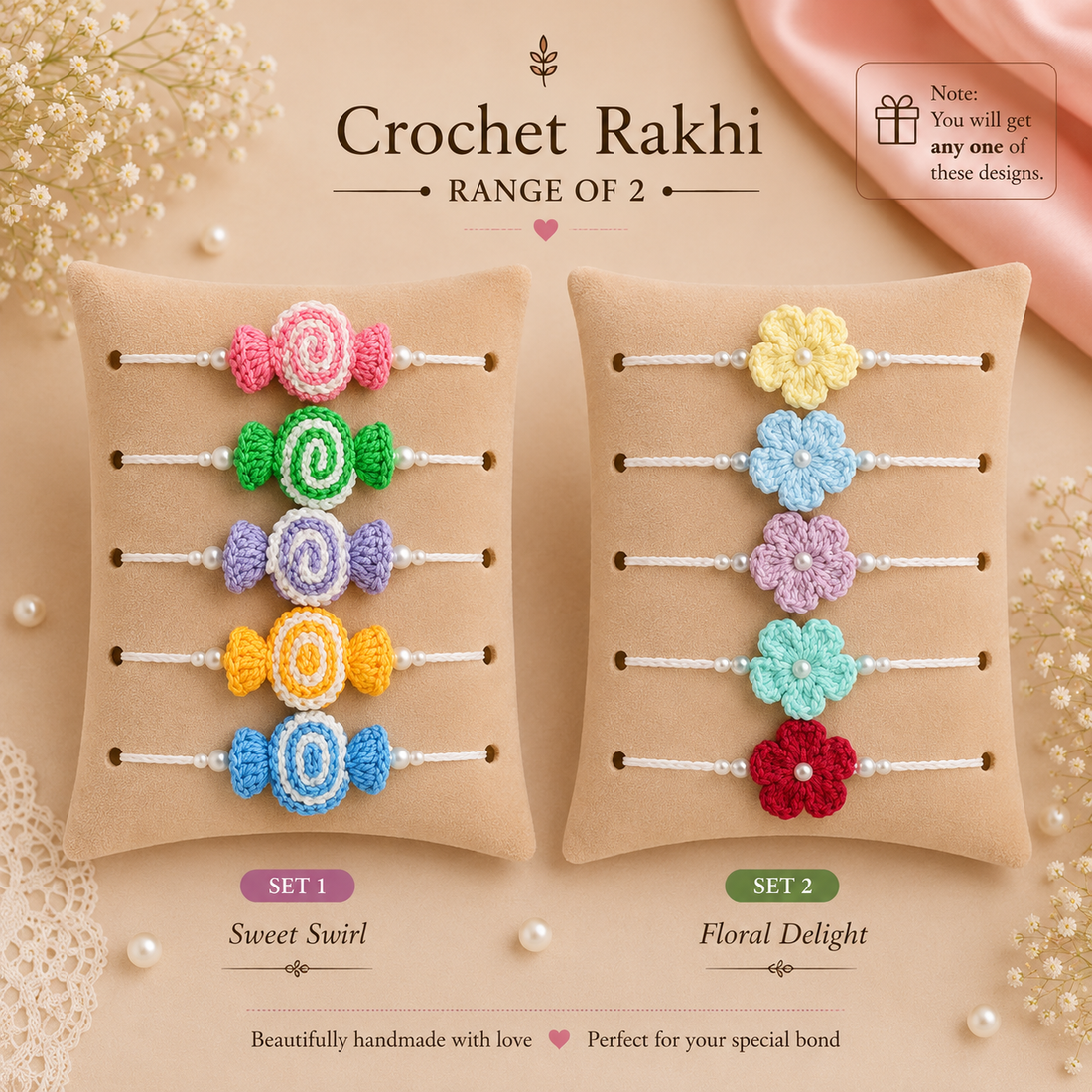 Sweet Swirl & Floral Delight Rakhi Set of 2 by Suryatra