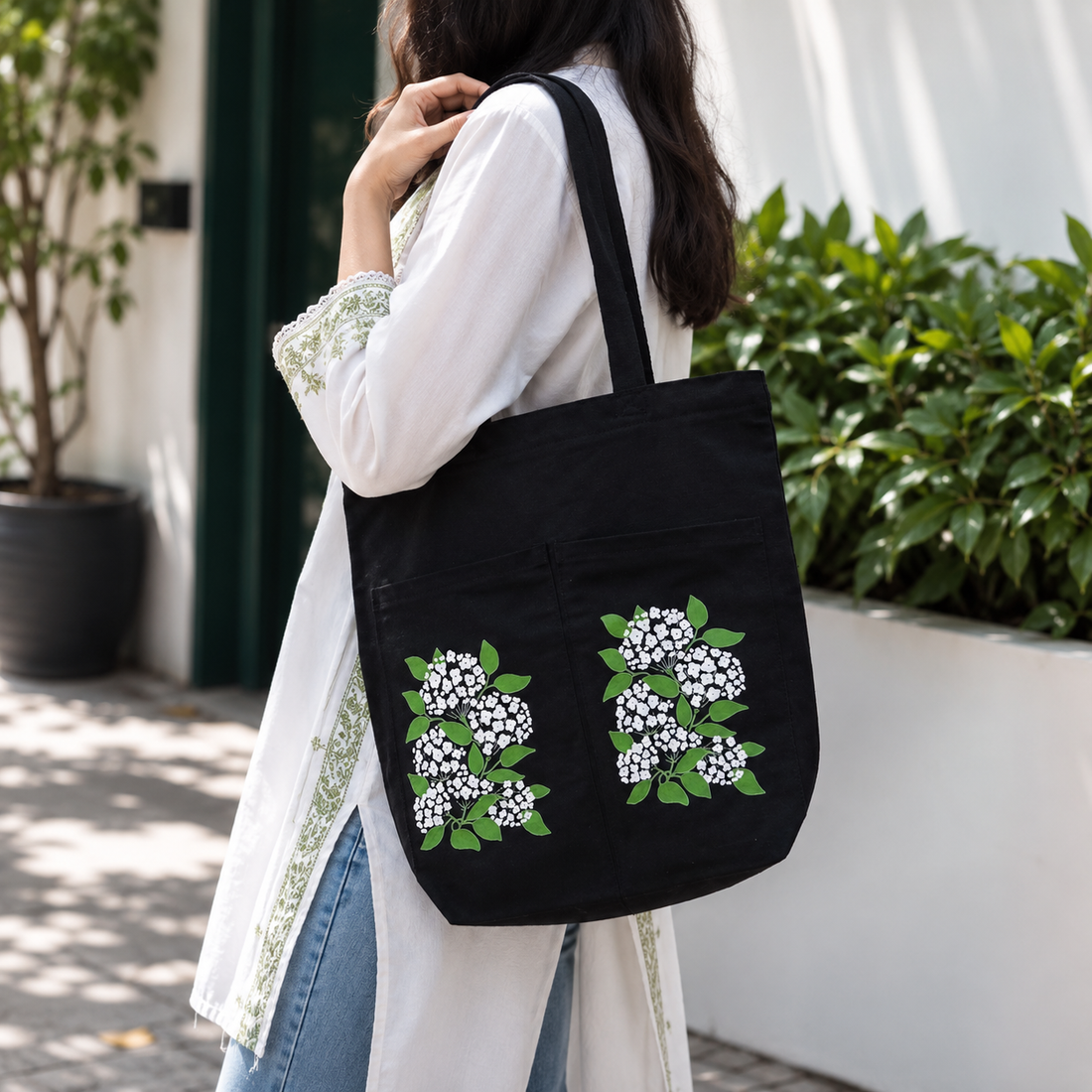 Noir Elderblossom Canvas Tote Bag by Suryatra