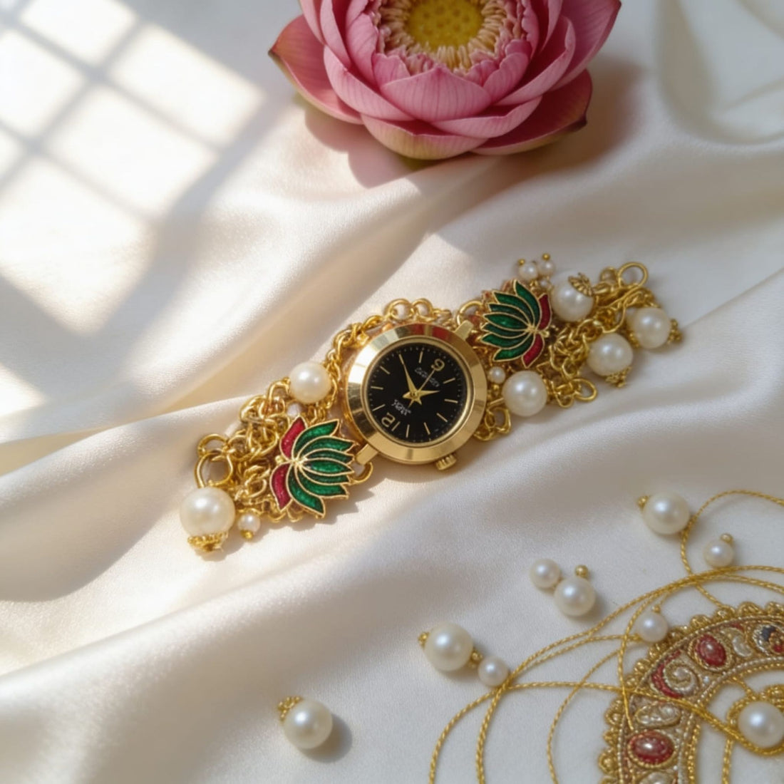 Lotus Pearl Bracelet Watch By Suryatra