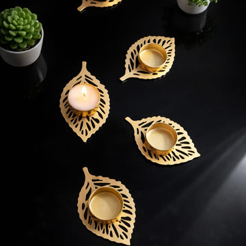 Golden Leaf Tealight Holder Set by Suryatra
