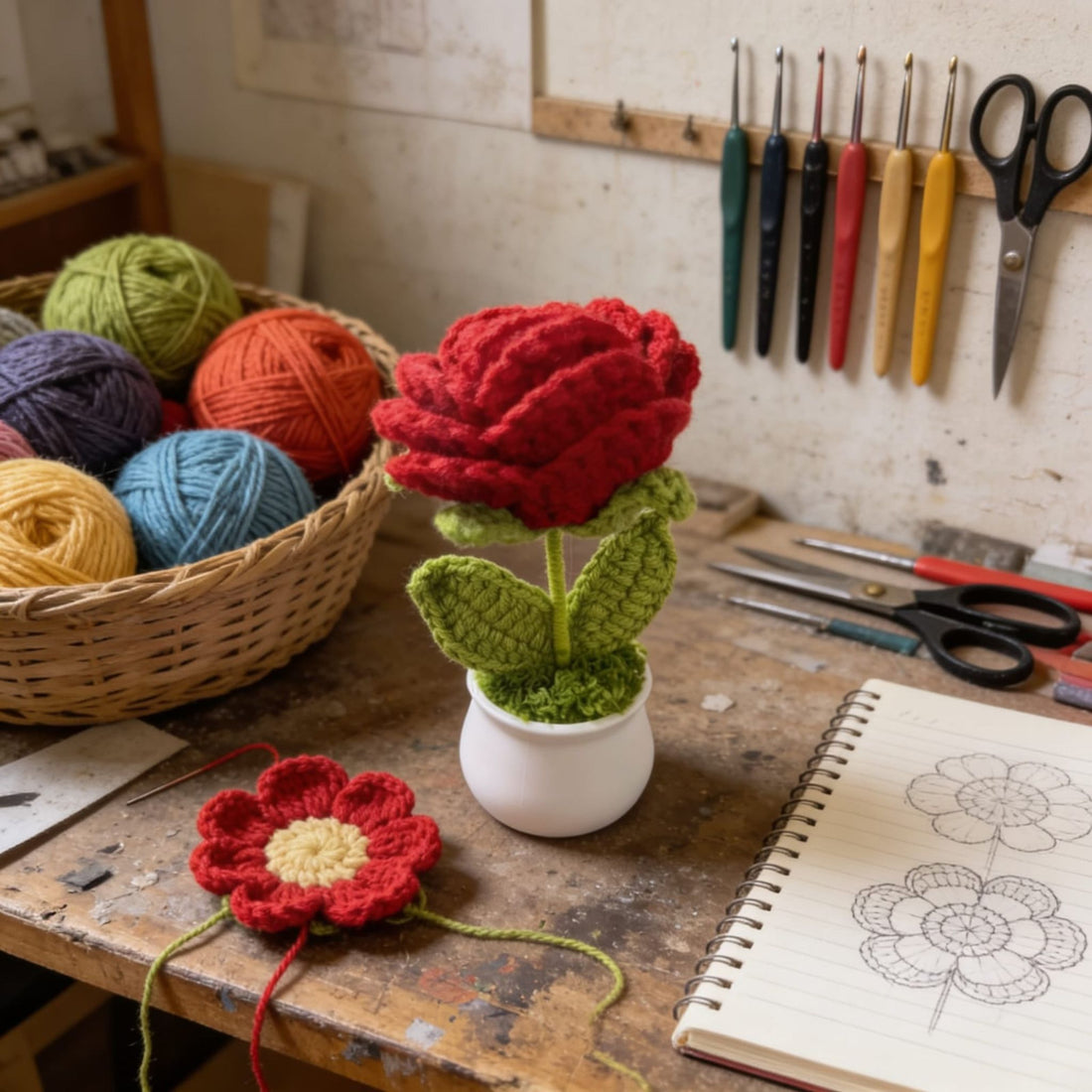 Crimson Bloom Crochet Roses by Suryatra