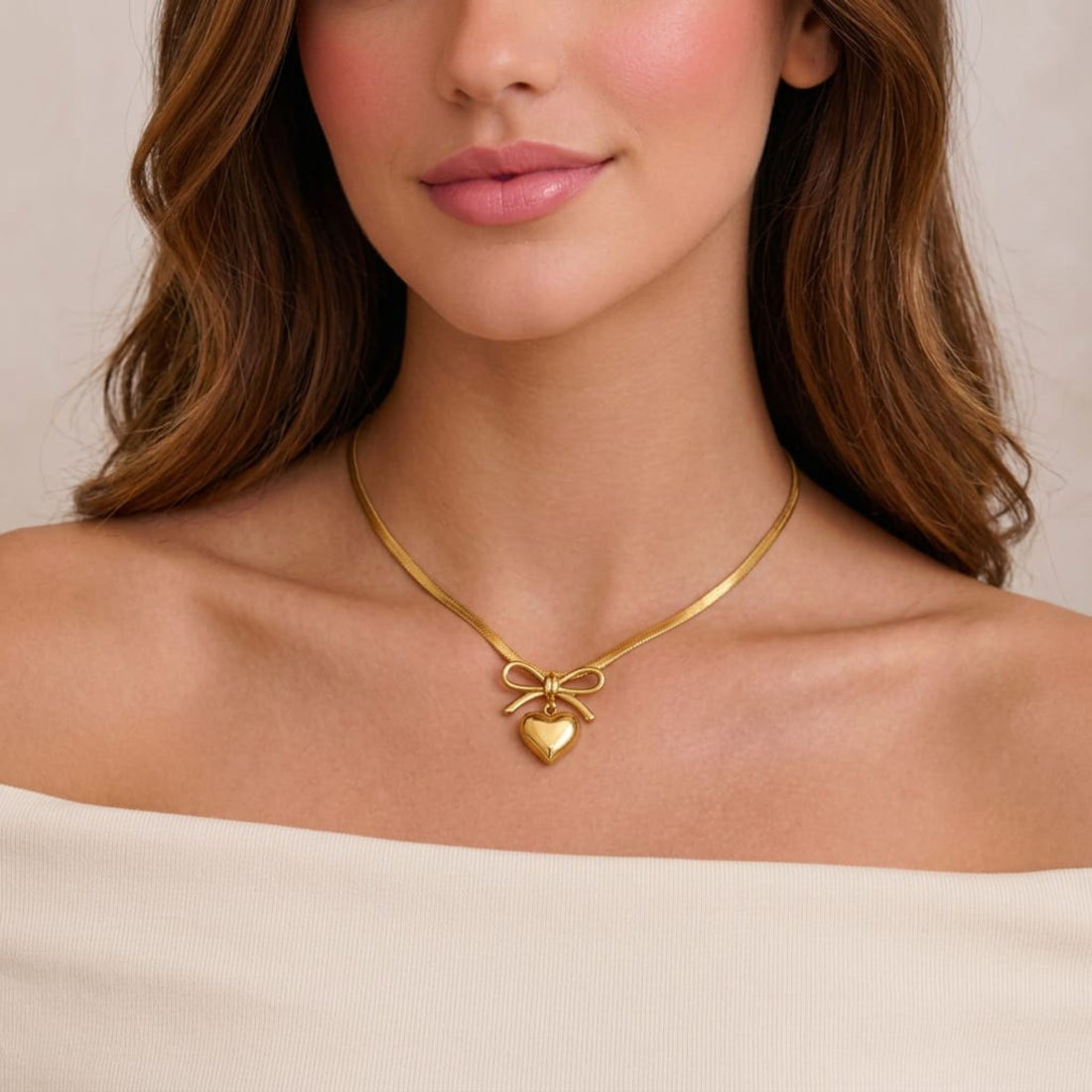 Golden Heart Bow Pendant Necklace By Suryatra