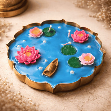 Tranquil Lotus Pond Captured in a Luminous Artistic Candle by Suryatra