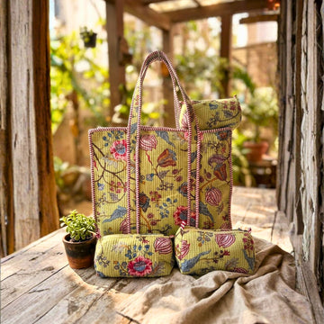 Quilted Floral Tote Combo (Yellow) by Suryatra