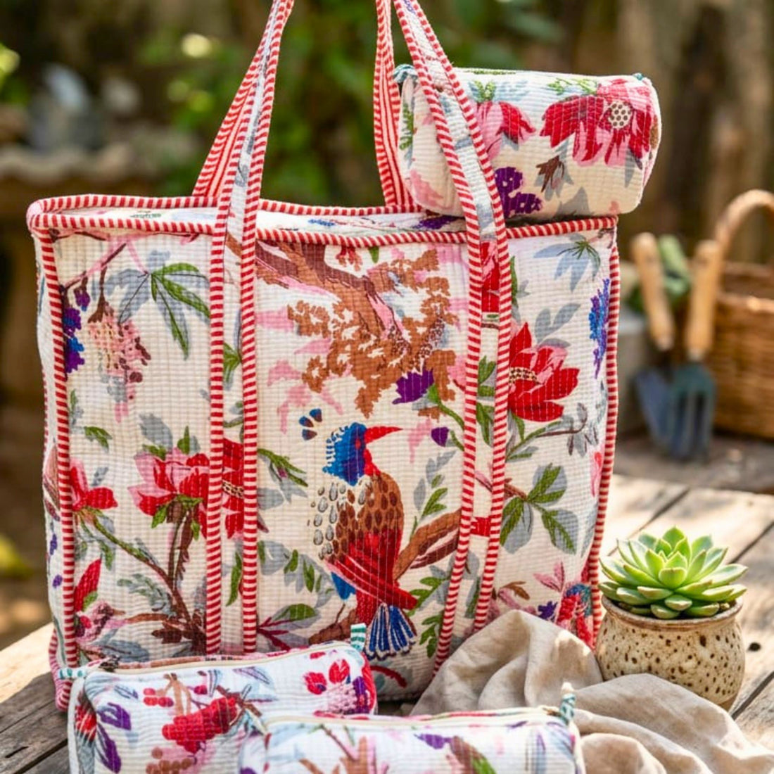 Quilted Floral Tote Combo (White and Red) by Suryatra