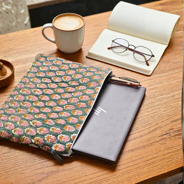 13 Inch Laptop/ipad Waterproof Sleeves (Green and Gold) by Suryatra