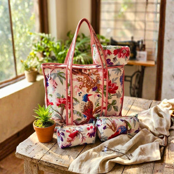 Quilted Floral Tote Combo (White and Red) by Suryatra