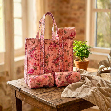 Quilted Floral Tote Combo (Pink and Green) by Suryatra