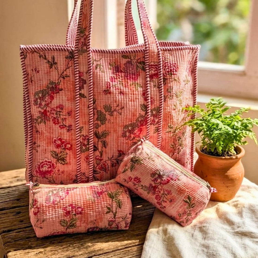 Quilted Floral Tote Combo (Pink and Green) by Suryatra