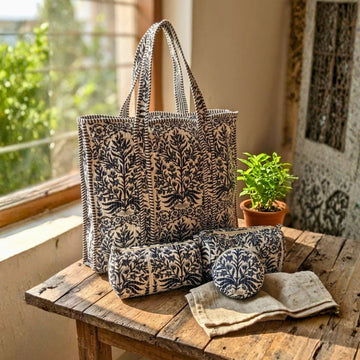 Quilted Floral Tote Combo (Blue and Cream) by Suryatra