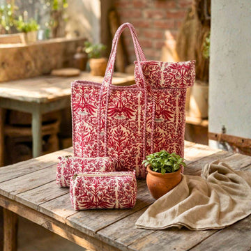 Quilted Floral Tote Combo (Pink and Cream) by Suryatra