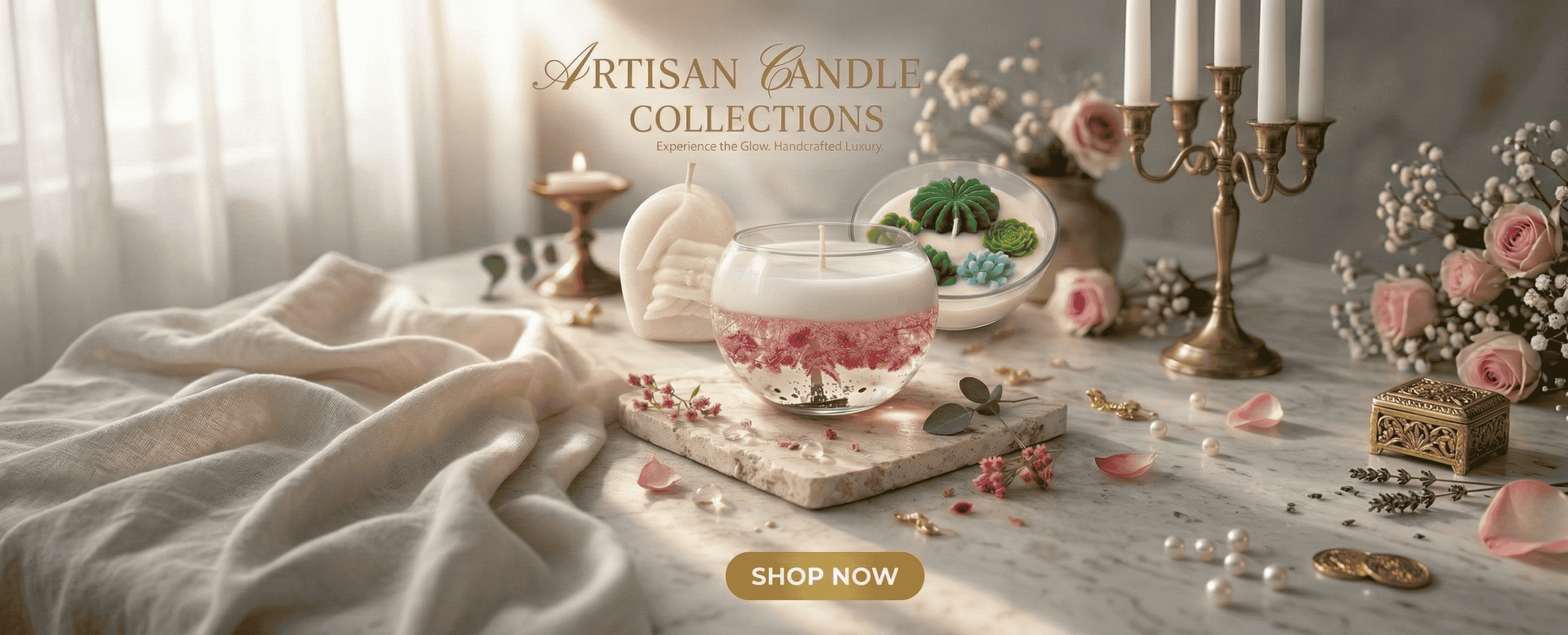 Artisan candle collection with decorative elements on a marble surface, featuring a 'Shop Now' button.slider_item_QX79gY